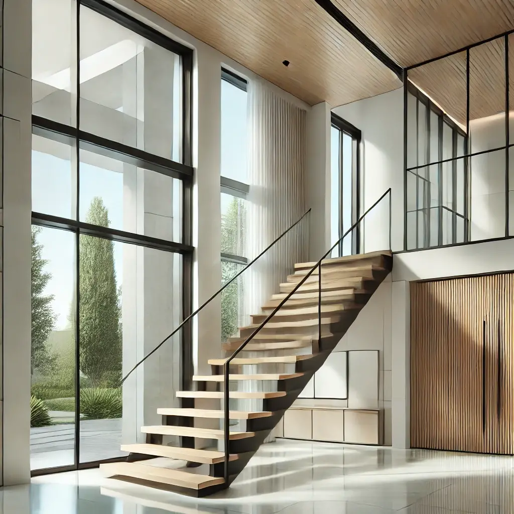 Dall e 2025 02 22 03 53 35 a modern and stylish image showcasing high quality windows doors and stairs in a contemporary home interior the scene features large floor to ceili