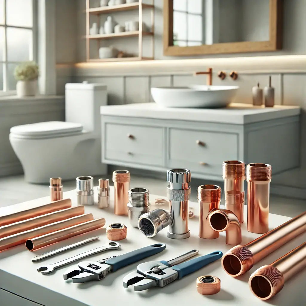 Dall e 2025 02 22 03 53 38 a modern and detailed image representing plumbing work the scene features neatly organized plumbing tools copper pipes wrenches and fittings on a