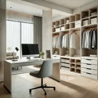 Dall e 2025 02 22 03 53 40 a modern and stylish combined office and dressing room with a contemporary design the office area features a sleek desk with a minimalist chair clea