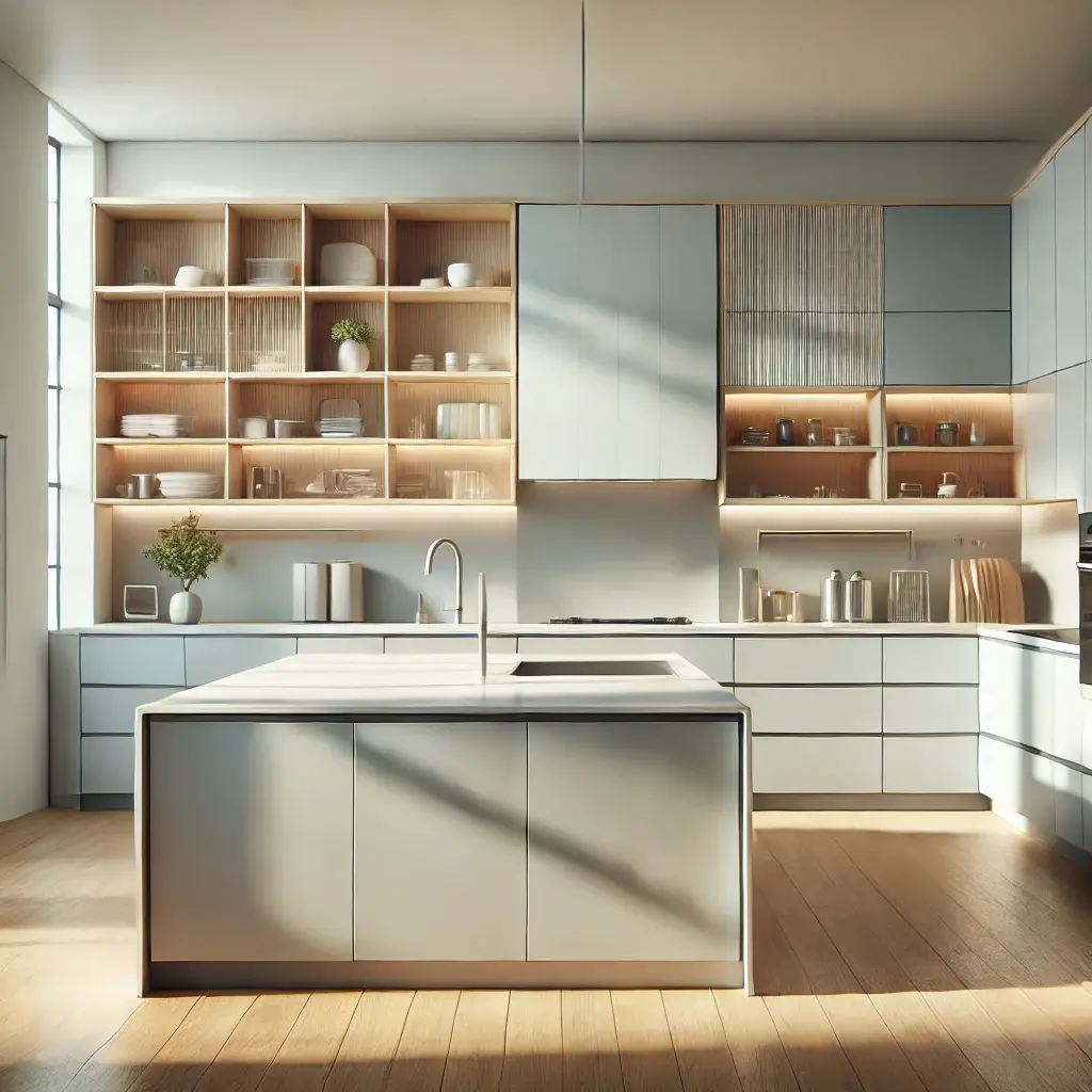 Dall e 2025 02 22 03 53 42 a vibrant and detailed image of modern kitchen furniture including sleek cabinets minimalist shelves and a central island with a contemporary desig
