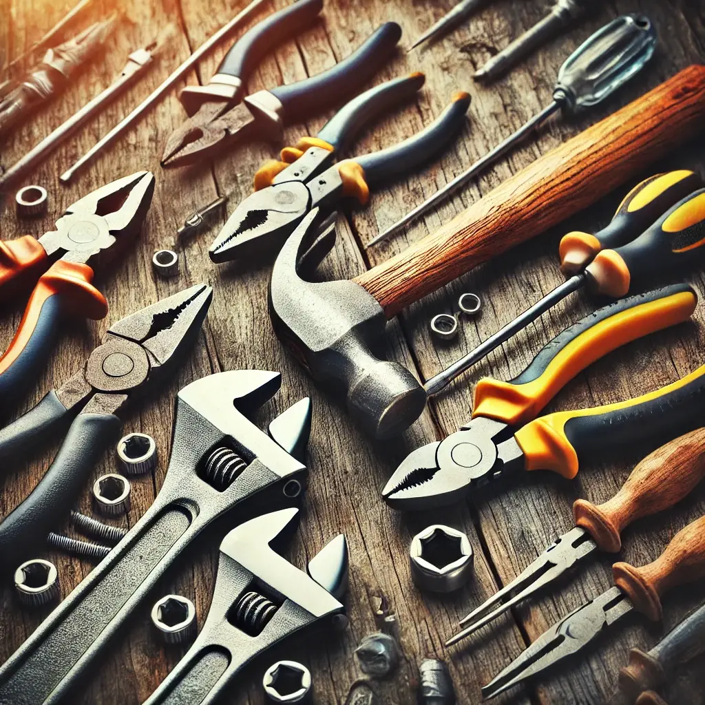 Dall e 2025 02 22 03 53 49 a highly detailed and vibrant image of hand tools including a hammer pliers wrenches and screwdrivers arranged neatly on a rustic wooden surface w