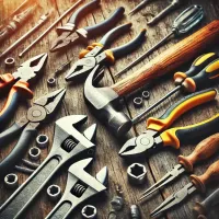 Dall e 2025 02 22 03 53 49 a highly detailed and vibrant image of hand tools including a hammer pliers wrenches and screwdrivers arranged neatly on a rustic wooden surface w